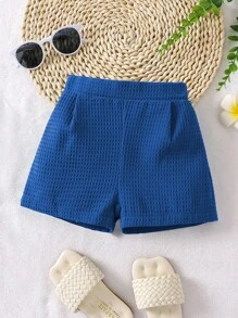 SHEIN Quần short thường ngày xếp ly màu trơn cho bé gái - Màu xanh lam - Xem 1