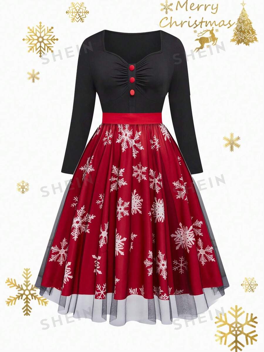 SHEIN Privé Plus Size Women Christmas Colorblock Snowflake Print Mesh