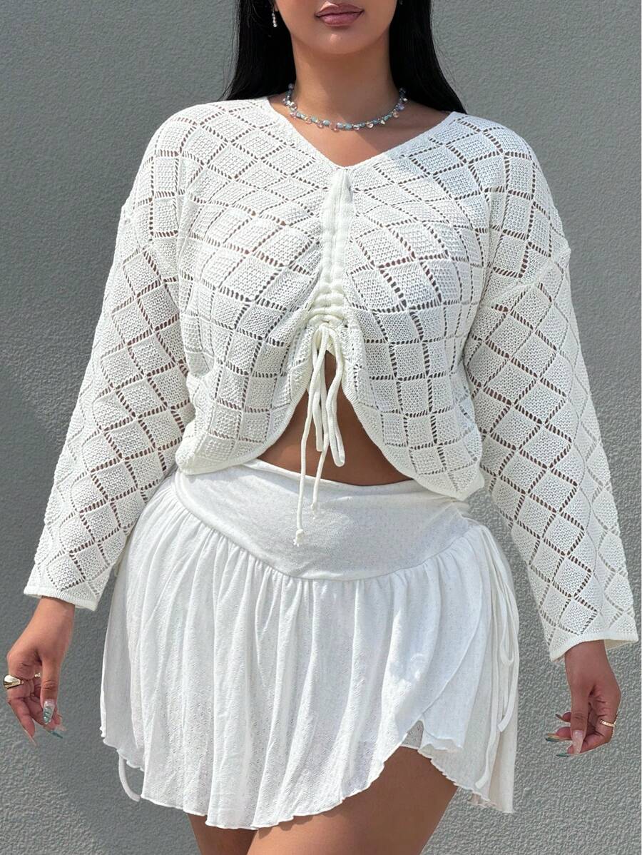 Flirla Femmes grande taille Couleur unie Col V Cordon de serrage Plissé Manches longues Pull tricoté pull Automne Hiver - Blanc - Voir 1