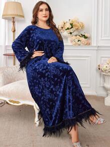 Al Najma Große Größen Rüschenmanschette mit Federn besetztes, locker sitzendes, elegantes Strick-Arabisches Kleid, bescheidenes, langärmeliges, elegantes Arabisches Tunika-Kleid für Abendpartys/Hochzeitsgäste/Jahrestag - marineblau - Übersicht 4