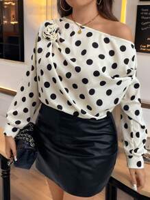 SHEIN Clasi 大码优雅波尔卡圆点 3D 花卉装饰褶皱宽松休闲衬衫 - 彩色 - 查看 6