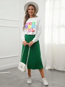 Wildy 2pcs Women Print Sweatshirt & Fitted Green Midi Skirt Set