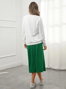Wildy 2pcs Women Print Sweatshirt & Fitted Green Midi Skirt Set