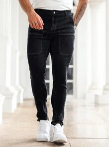 Manfinity Homme 男式休闲撞色针脚贴袋紧身牛仔裤 - 黑色 - 查看 4