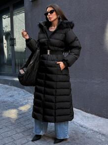 SHEIN Cottnline A Line Hem Long Fashionable Padded Coat - Black - View 5