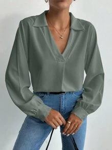 EURMUSE Camisa Casual Con Cuello Vuelto - Verde militar - Ver 4