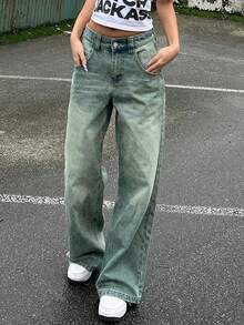 Women Vintage Loose Straight Leg Boyfriend Jeans - Navy Blue - View 3