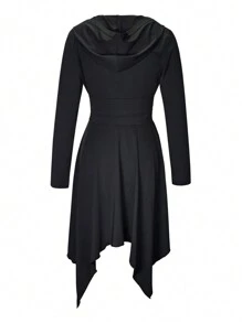 Chiquease 针织休闲收腰长袖不对称下摆连帽腰带纯色连衣裙 - 黑色 - 查看 2