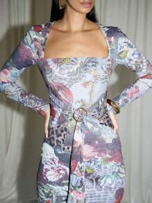 AiiRZ Printed Long Sleeve Wide Neck Fitted Bodycon Maxi Dress - Multicolor - View 4