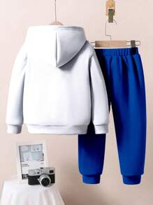 SHEIN Leap Crew Bộ 2 áo nỉ nỉ trơn rộng rãi cho bé trai, phù hợp cho bé trai mặc vào mùa thu/đông, áo hoodie khủng long, quần áo trẻ em mặc dạo phố - trắng - Xem 3