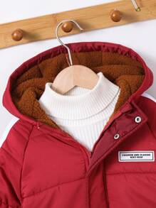 SHEIN 1 pieza Abrigo con capucha acolchado rojo oversize de manga ancha para niños pequeños, ropa de abrigo casual cálida adecuada para viajes, escuela y ocasiones diarias en otoño e invierno