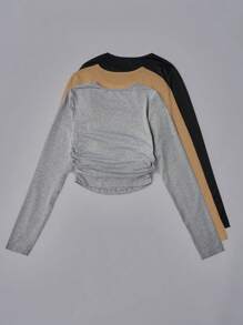 Chiquease 3pcs/Set Women Solid Color Round Neck Long Sleeve Casual T-Shirts, Autumn