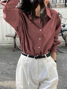 DAZY 1pc Women's Loose Fit Solid Color Letter Embroidered Turndown Collar Long Sleeve Shirt,Fall Women Clothes