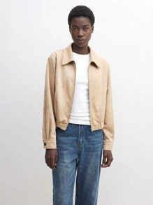 BizChic 女士棕色仿麂皮长袖夹克外套，适合感恩节、圣诞节、通勤 - 卡其色 - 查看 3