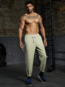 Gym Rark Plus Size Men Casual Solid Color Drawstring Waist Jogger Pants - Khaki - View 5