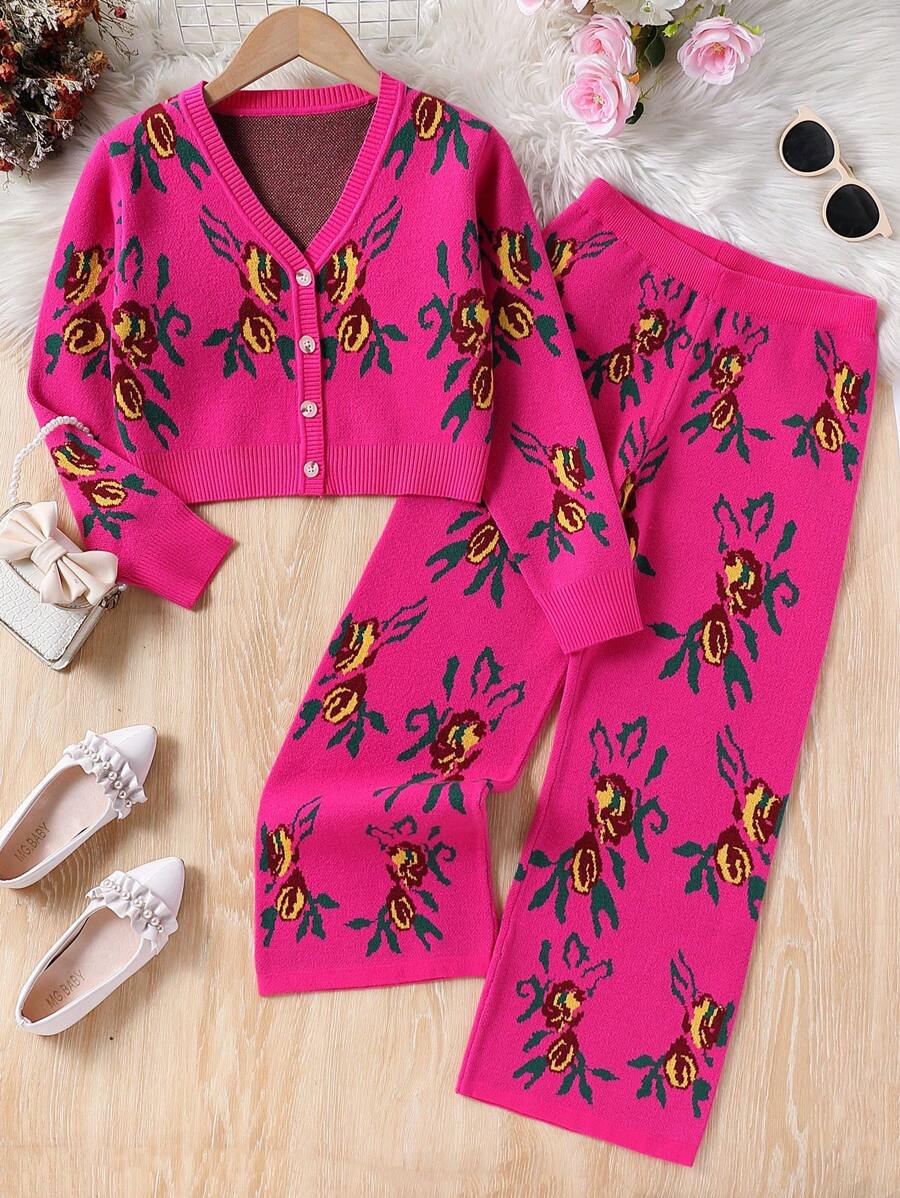Bộ 2 món/Bộ áo len cardigan họa tiết hoa cổ điển thời trang cho bé gái tuổi teen và quần dài, bộ đồ dệt kim thường ngày mùa thu/đông - Màu Hồng Tươi - Xem 1