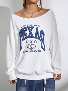 Flirla 一件不对称肩部英文印花卫衣，百搭套头衫，秋季必备 - 白色 - 查看 3