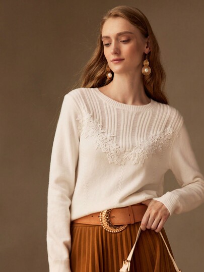 MOTF PREMIUM WOOL FLORAL GUIPURE LACE APPLIQUES DETAIL SWEATER KNIT PULLOVER FALL WINTER OUTFIT