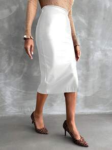 EURMUSE Women's High Waisted Slim Fit Side Slit Skirt - White - View 3