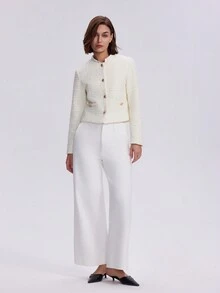 1pc Solid Color Front Button Up Long Sleeve Pocket Minimalist Casual Jacket - Beige - View 4