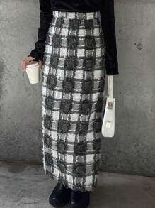 Livesso 女式格子印花A字长裙秋冬 - 深灰色 - 查看 6