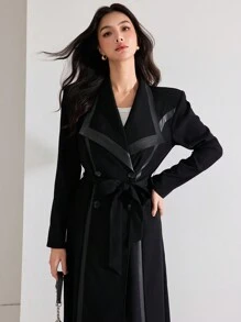 Heiryn 1 pieza Chaqueta larga elegante de doble botonadura de manga larga con cuello para mujer, para otoño