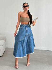 RueChic Solid Color Pocket Pleated Waist Denim Skirt - Medium Wash - View 7