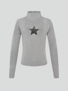 Tween Girls' Star Print Ribbed Stand Collar Long Sleeve Pullover Sweater - Grey - View 4