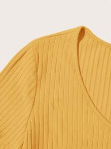 SHEIN Essnce 纯色V领罗纹针织休闲短袖T恤 - 薑色 - 查看 5