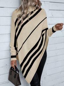 Chiquease Women Half-Turtleneck Oblique Striped Batwing Sweater Knit Pullover Fall Winter Outfit