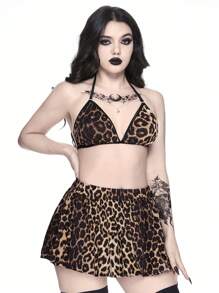 ROMWE J-Fashion Conjunto de pijama de mujer con estampado de leopardo que incluye babydoll inalámbrico con tirante halter y minifalda - Negro - Ver 3