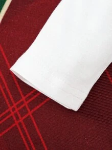 SHEIN Bộ 3 món cho bé gái: Áo liền quần dài tay in chữ + Chân váy lưới màu đỏ tương phản + Băng đô nơ, dành cho Giáng sinh - Đỏ - Xem 7