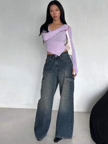 DAZY Jeans cargo de pierna recta holgados y de ajuste suelto para mujer con bolsillos grandes