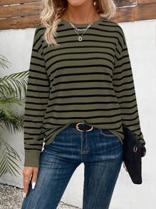 EMERY ROSE Casual Striped Drop-Shoulder Loose T-Shirt, Autumn Graphic Tees Women Tops
