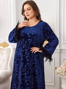 Al Najma Große Größen Rüschenmanschette mit Federn besetztes, locker sitzendes, elegantes Strick-Arabisches Kleid, bescheidenes, langärmeliges, elegantes Arabisches Tunika-Kleid für Abendpartys/Hochzeitsgäste/Jahrestag - marineblau - Übersicht 5