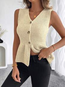 Chiquease Women Ruffled Knit Vest Sweater Cardigan With Front Button Closure - Apricot - View 3