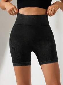 Easithlete Pantalones cortos deportivos casuales de unicolor sin costuras de cintura alta para mujeres - Gris Oscuro - Ver 6