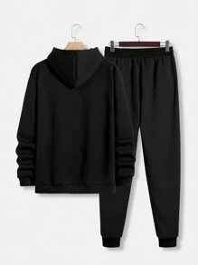 Manfinity Homme 2 件套男士秋季字母印花连帽运动衫和抽绳运动裤休闲装 - 黑色 - 查看 2
