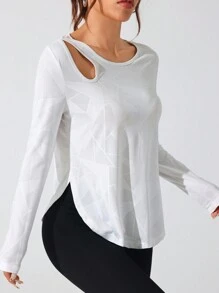 Easithlete Bộ áo thun thể thao thường ngày dài tay cổ tròn tối giản khoét rỗng dành cho nữ và áo ba lỗ - trắng - Xem 1