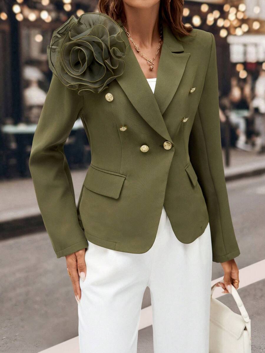SHEIN Clasi Women's Autumn/Winter Fashion Versatile 3D Floral (Detachable) Blazer Winter Women Clothes - Green - View 1