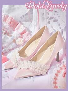 Dola Lovely Women High Heel Pumps Lolita Style Solid Pink Bow Floral Point Toe Slingback Dress Sandal Shoes - Pink - View 3