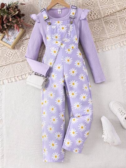 Sparklyn 2 件套 Tween Girl 雏菊花朵印花连体裤搭配紫色长袖 T 恤，度假休闲可爱装