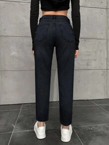 EURMUSE Women Solid Color Straight Pocket Casual Jeans - Black - View 2