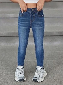 SHEIN 年轻女孩 Y2K 蓝色耐热水钻蝴蝶结牛仔布保暖内衬弹力牛仔裤，羊毛加厚棕色服装和弹力牛仔裤，增添温暖，女孩秋冬服装 - 藍色 - 查看 6