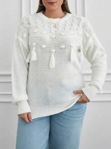 RueChic Plus Cable Knit Tassel Crochet Detail Regular Fit Sweater - Black and White - View 3