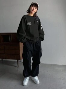 FRIFUL 女士字母印花圆领插肩袖宽松休闲运动衫，秋冬季，长袖上衣 - 黑色 - 查看 3