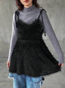 FRIFUL 女士秋冬时尚流苏吊带娃娃衫保暖内衬 - 黑色 - 查看 4