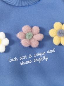 SHEIN Young Girl Cute INS Style Comfortable Blue Knit Crew Neck Long Sleeve Multi-Color 3D Flower Decor Sweatshirt, Spring Autumn - Blue - View 3