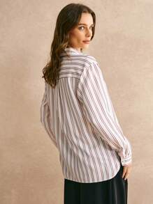 Poéselle Camicia casual da donna a righe con bottoni sul davanti e maniche lunghe, collezione Autunno/Inverno 2024, abbigliamento invernale, outfit autunnali da donna, maniche lunghe a righe - Beige - Visualizzare 6