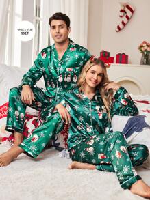 Christmas Elements Pattern Santa Snowman Faux Silk Men Pajamas Set - Green - View 1